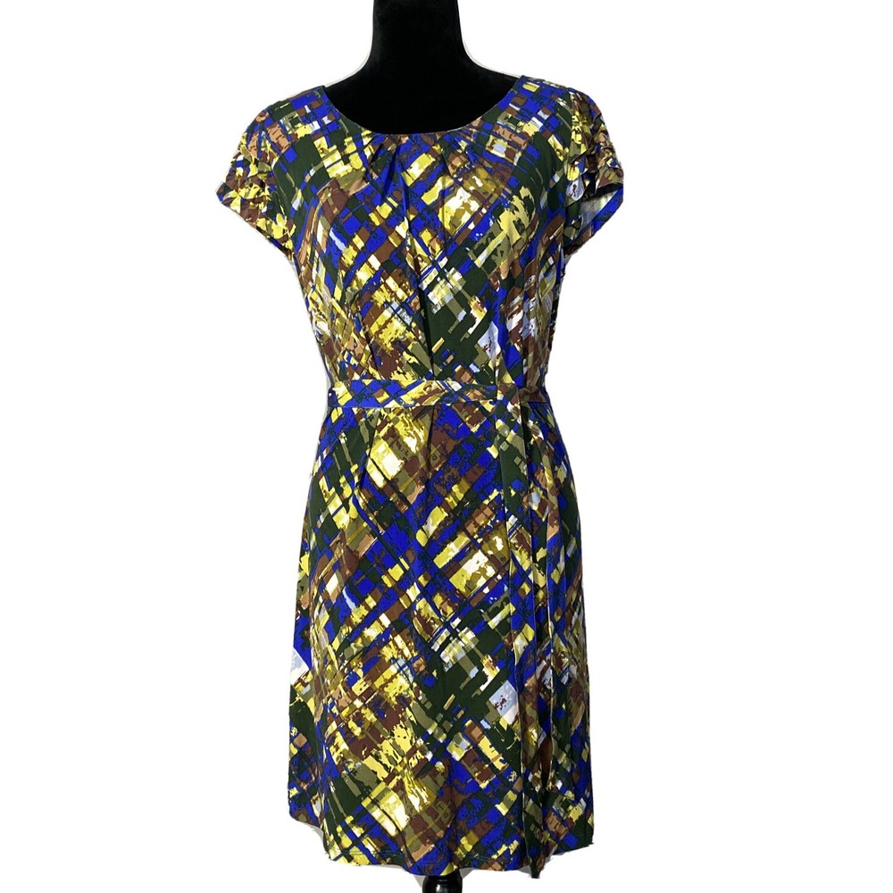 Alex Marie Dress LARGE P Blue Yellow Colorful Plaid Splatter Ruffle Cap Sl Belt